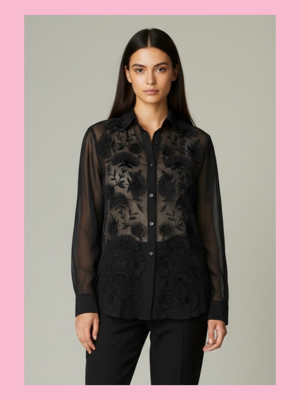 ASOS Black Sheer Floral Embroidered Button-Down Shirt